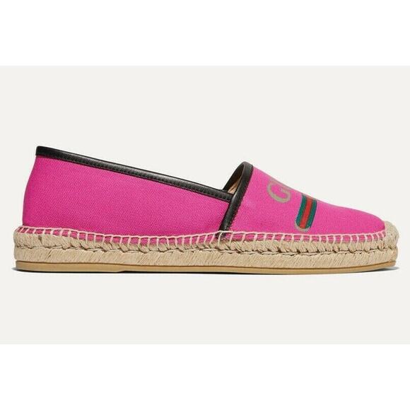 Gucci Pilar Pink Canvas Black Leather Trim GG Logo Print Flat Espadrilles 37.5 - Picture 2 of 12